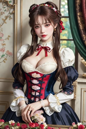 busty and sexy girl, 8k, masterpiece, ultra-realistic, best quality, high resolution, high definition, Lolita, maid, Victorian fashion, Rococo fashion, black corset with red ribbon lacing, White lace details on the sleeves, Puffed sleeves, headpiece adorned with flowers, ornate flower frame background, historical vibe, historical fashion with fantasy elements,lolita