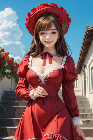 busty and sexy girl, 8k, masterpiece, ultra-realistic, best quality, high resolution, high definition, 1girl, solo, long hair, breasts, looking at viewer, smile, bangs, brown hair, hair ornament, long sleeves, hat, dress, ribbon, brown eyes, flower, outdoors, frills, parted lips, sky, day, puffy sleeves, cloud, hair flower, grin, blue sky, neck ribbon, rose, red dress, frilled dress, red flower, red headwear, blue flower, stairs, hat flower