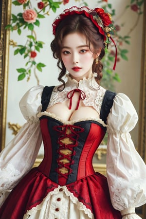 busty and sexy girl, 8k, masterpiece, ultra-realistic, best quality, high resolution, high definition, Lolita, maid, Victorian fashion, Rococo fashion, black corset with red ribbon lacing, White lace details on the sleeves, Puffed sleeves, headpiece adorned with flowers, ornate flower frame background, historical vibe, historical fashion with fantasy elements,lolita