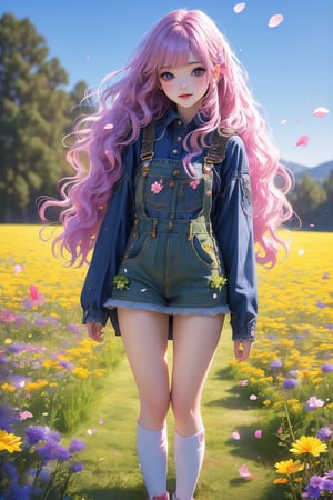 busty and sexy girl, 8k, masterpiece, ultra-realistic, best quality, high resolution, high definition, background is flower field,grass field,horizon,wind blowing,petals blowing,16 yo, 1 girl, beautiful girl,smile, wearing denim overalls skirt,long socks,standing on flower field,holding buquet, cowboy shot,very_long_hair, hair past hip, bangs, curly hair, realhands, masterpiece, Best Quality, 16k, photorealistic, ultra-detailed, finely detailed, high resolution, perfect dynamic composition, beautiful detailed eyes, ((nervous and embarrassed)), sharp-focus, full body shot,pink flower,flower