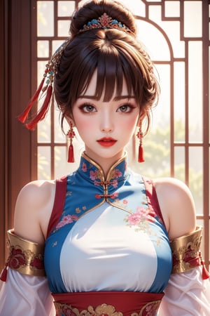 busty and sexy girl, 8k, masterpiece, ultra-realistic, best quality, high resolution, high definition, bare shoulder, sparkle, glow, close mouth, 1girl, solo, looking at viewer, short hair, bangs, brown hair, hair ornament, dress, brown eyes, jewelry, closed mouth, upper body, earrings, detached sleeves, indoors, hair bun, CHINESE window, makeup, chinese clothes, tassel, red lips, tassel earrings, lattice