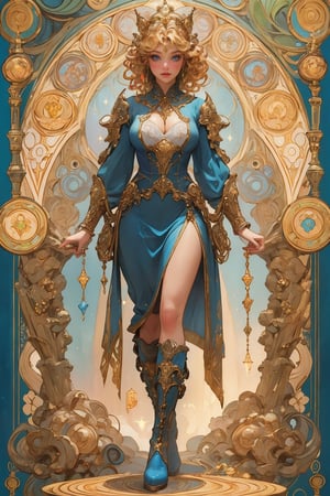 (mucha style), (SPARKLE GLOWING), busty and sexy girl, 8k, masterpiece, ultra-realistic, best quality, high resolution, high definition,An animated image of a blonde woman with blue eyes and a blue crown on her head. She is wearing a blue and white outfit with a red scarf around her neck. Her boots are white with gold designs on them. standing, full body