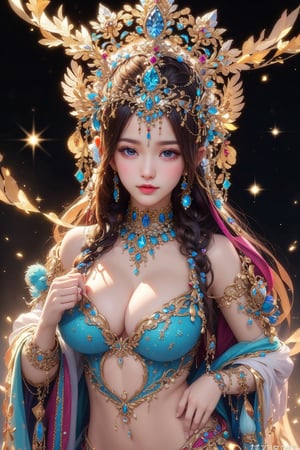 busty and sexy girl, 8k, masterpiece, ultra-realistic, best quality, high resolution, high definition,a character with a detailed and ornate headdress, adorned with what appears to be crystals or gems