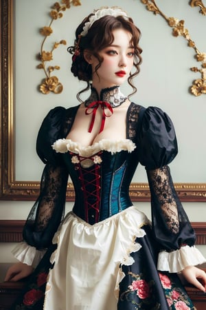 busty and sexy girl, 8k, masterpiece, ultra-realistic, best quality, high resolution, high definition, Lolita, maid, Victorian fashion, Rococo fashion, black corset with red ribbon lacing, White lace details on the sleeves, Puffed sleeves, headpiece adorned with flowers, ornate flower frame background, historical vibe, historical fashion with fantasy elements,lolita