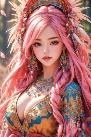 busty and sexy girl, Tribal girl, feather headdress 8k, masterpiece, ultra-realistic, best quality, high resolution, high definition, vibrant colors, featuring a youthful appearance and fantasy elements. The character should have large expressive eyes, pink hair adorned with flowers and ribbons, and wear a detailed costume with multiple layers, including ruffles, bows, and jewels. The outfit should incorporate bright shades of pink and purple with gold accents, ((TG))