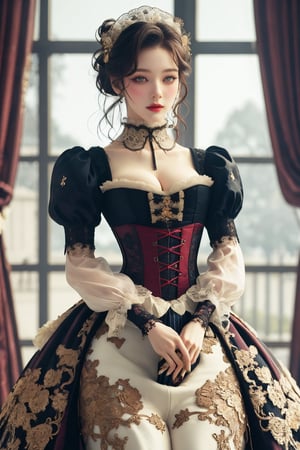 busty and sexy girl, 8k, masterpiece, ultra-realistic, best quality, high resolution, high definition, Lolita, maid, Victorian fashion, Rococo fashion, black corset with red ribbon lacing, White lace details on the sleeves, Puffed sleeves, headpiece adorned with flowers, ornate flower frame background, historical vibe, historical fashion with fantasy elements,lolita