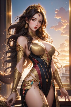 busty and sexy girl, 8k, masterpiece, ultra-realistic, best quality, high resolution, high definition, The image is a stylized representation of a woman, likely intended as an illustration rather than a photograph. The woman is depicted with an ethereal quality, her long hair flowing and her attire suggesting a historical or fantasy setting. The colors used in the image are rich and warm, with the golden tones of the frame complementing the sunset background. The artwork is framed, which suggests it could be a piece of fine art or a collectible item. The overall impression is one of elegance and a sense of a story waiting to be told.