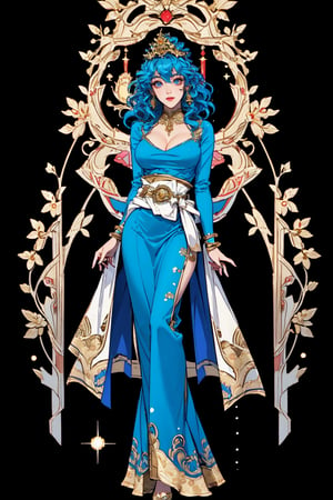 (mucha style), (SPARKLE GLOWING), busty and sexy girl, 8k, masterpiece, ultra-realistic, best quality, high resolution, high definition,An animated image of a woman with long blue hair and a crown on her head. She is wearing a blue dress with gold accents and a gold belt around her waist. The woman's dress is adorned with golden embroidery and gold accents. Her arms are draped over her shoulders and she is wearing golden bracelets on her wrists. Her eyes are blue and her hair is a vibrant shade of blue. The background is a deep black, with a golden archway in the middle of it,(stand),(full body)