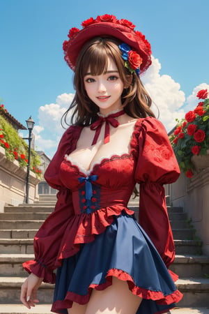 busty and sexy girl, 8k, masterpiece, ultra-realistic, best quality, high resolution, high definition, 1girl, solo, long hair, breasts, looking at viewer, smile, bangs, brown hair, hair ornament, long sleeves, hat, dress, ribbon, brown eyes, flower, outdoors, frills, parted lips, sky, day, puffy sleeves, cloud, hair flower, grin, blue sky, neck ribbon, rose, red dress, frilled dress, red flower, red headwear, blue flower, stairs, hat flower