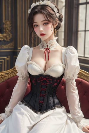 busty and sexy girl, 8k, masterpiece, ultra-realistic, best quality, high resolution, high definition, Lolita, maid, Victorian fashion, Rococo fashion, black corset with red ribbon lacing, White lace details on the sleeves, Puffed sleeves, headpiece adorned with flowers, ornate flower frame background, historical vibe, historical fashion with fantasy elements,lolita