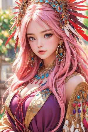 busty and sexy girl, Tribal girl, feather headdress 8k, masterpiece, ultra-realistic, best quality, high resolution, high definition, vibrant colors, featuring a youthful appearance and fantasy elements. The character should have large expressive eyes, pink hair adorned with flowers and ribbons, and wear a detailed costume with multiple layers, including ruffles, bows, and jewels. The outfit should incorporate bright shades of pink and purple with gold accents, ((TG))