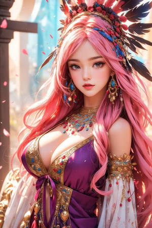 busty and sexy girl, Tribal girl, feather headdress 8k, masterpiece, ultra-realistic, best quality, high resolution, high definition, vibrant colors, featuring a youthful appearance and fantasy elements. The character should have large expressive eyes, pink hair adorned with flowers and ribbons, and wear a detailed costume with multiple layers, including ruffles, bows, and jewels. The outfit should incorporate bright shades of pink and purple with gold accents, ((TG))