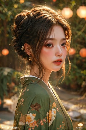 SPARKLE GLOWING, busty and sexy girl, 8k, masterpiece, ultra-realistic, best quality, high resolution, high definition,1girl, solo, looking at viewer, black hair, brown eyes, jewelry, upper body, earrings, parted lips, japanese clothes, teeth, kimono, hair bun, blurry, from side, lips, looking to the side, blurry background, floral print, single hair bun, print kimono, green kimono