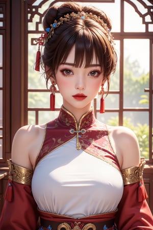 busty and sexy girl, 8k, masterpiece, ultra-realistic, best quality, high resolution, high definition, bare shoulder, sparkle, glow, close mouth, 1girl, solo, looking at viewer, short hair, bangs, brown hair, hair ornament, dress, brown eyes, jewelry, closed mouth, upper body, earrings, detached sleeves, indoors, hair bun, CHINESE window, makeup, chinese clothes, tassel, red lips, tassel earrings, lattice