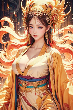 busty and sexy girl, 8k, masterpiece, ultra-realistic, best quality, high resolution, high definition, 1girl, solo, long hair, breasts, looking at viewer, large breasts, hair ornament, long sleeves, cleavage, jewelry, closed mouth, collarbone, upper body, cowboy shot, earrings, pointy ears, lips, sash, chinese clothes, hanfu