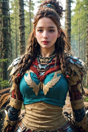 busty and sexy girl, 8k, masterpiece, ultra-realistic, best quality, high resolution, high definition, viking girl, primative clothing with mecha armor, forest