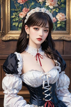 busty and sexy girl, 8k, masterpiece, ultra-realistic, best quality, high resolution, high definition, Lolita, maid, Victorian fashion, Rococo fashion, black corset with red ribbon lacing, White lace details on the sleeves, Puffed sleeves, headpiece adorned with flowers, ornate flower frame background, historical vibe, historical fashion with fantasy elements,lolita