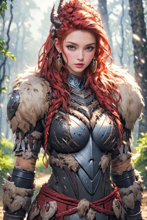 busty and sexy girl, 8k, masterpiece, ultra-realistic, best quality, high resolution, high definition, viking girl, primative clothing with mecha armor, forest