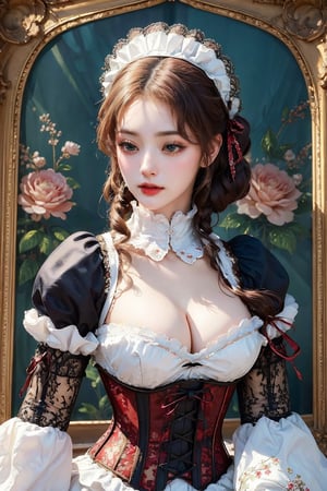 busty and sexy girl, 8k, masterpiece, ultra-realistic, best quality, high resolution, high definition, Lolita, maid, Victorian fashion, Rococo fashion, black corset with red ribbon lacing, White lace details on the sleeves, Puffed sleeves, headpiece adorned with flowers, ornate flower frame background, historical vibe, historical fashion with fantasy elements,lolita