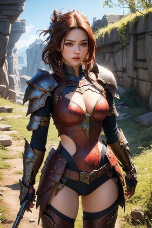 busty and sexy girl, 8k, masterpiece, ultra-realistic, best quality, high resolution, high definition, The image shows a character that appears to be designed for a video game or fantasy setting. The attire is indicative of a warrior or hunter archetype, with armor pieces that suggest mobility and combat readiness. The presence of the bow indicates a role that involves ranged combat. The character's stance and facial expression convey a sense of determination or readiness. The environment suggests a natural outdoor setting, which could imply that the character operates in such terrains. The color scheme and design elements are consistent with a high-fantasy aesthetic, often seen in role-playing games or fantasy novels.