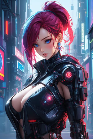 busty and sexy girl, 8k, masterpiece, ultra-realistic, best quality, high resolution, high definition, hologram, cyberpunk, science fiction, neon light, night city, braided ponytail