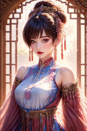 busty and sexy girl, 8k, masterpiece, ultra-realistic, best quality, high resolution, high definition, bare shoulder, sparkle, glow, close mouth, 1girl, solo, looking at viewer, short hair, bangs, brown hair, hair ornament, dress, brown eyes, jewelry, closed mouth, upper body, earrings, detached sleeves, indoors, hair bun, CHINESE window, makeup, chinese clothes, tassel, red lips, tassel earrings, lattice