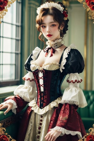 busty and sexy girl, 8k, masterpiece, ultra-realistic, best quality, high resolution, high definition, Lolita, maid, Victorian fashion, Rococo fashion, black corset with red ribbon lacing, White lace details on the sleeves, Puffed sleeves, headpiece adorned with flowers, ornate flower frame background, historical vibe, historical fashion with fantasy elements,lolita