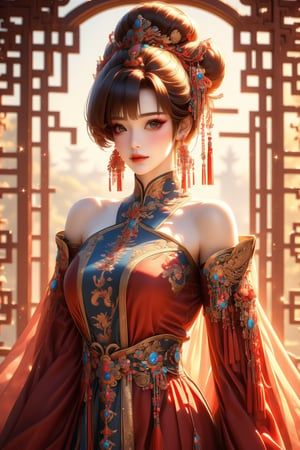 busty and sexy girl, 8k, masterpiece, ultra-realistic, best quality, high resolution, high definition, bare shoulder, sparkle, glow, close mouth, 1girl, solo, looking at viewer, short hair, bangs, brown hair, hair ornament, dress, brown eyes, jewelry, closed mouth, upper body, earrings, detached sleeves, indoors, hair bun, CHINESE window, makeup, chinese clothes, tassel, red lips, tassel earrings, lattice