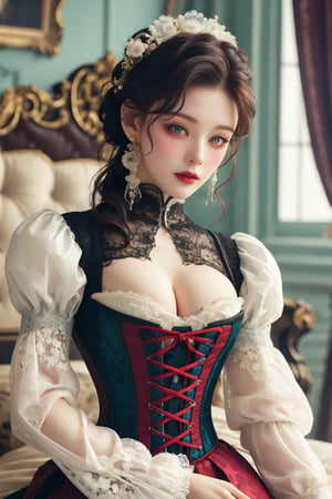 busty and sexy girl, 8k, masterpiece, ultra-realistic, best quality, high resolution, high definition, Lolita, maid, Victorian fashion, Rococo fashion, black corset with red ribbon lacing, White lace details on the sleeves, Puffed sleeves, headpiece adorned with flowers, ornate flower frame background, historical vibe, historical fashion with fantasy elements,lolita