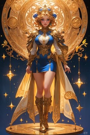 (mucha style), (SPARKLE GLOWING), busty and sexy girl, 8k, masterpiece, ultra-realistic, best quality, high resolution, high definition,An animated image of a blonde woman with blue eyes and a blue crown on her head. She is wearing a blue and white SHORT SKIRT with a red scarf around her neck. Her boots are white with gold designs on them. standing, full body