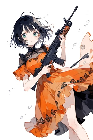 //quality
masterpiece, best quality, aesthetic, 
//Character
1girl, beautiful eyes, big eyes, deailed eyes, green eyes, 
black hair, short hair,  large breasts, 
//Fashion 
holding assault rifle, orange dress, Dresses with ruffles and detailed embroidery,
//Background 
(watercolor:0.5), simple background, 