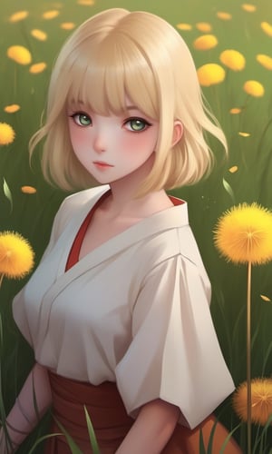 score_9, score_8_up, score_7_up, score_6_up, score_5_up, score_4_up, (source_anime),  1girl, solo, looking at viewer, blush, short hair, open mouth, blonde hair,  hair ornament,  green eyes, ass, pants, from behind, (dandelion field:1.4)

(iconic medieval),(dynamic pose, looking at viewer),more detail XL,