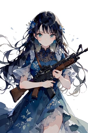 //quality
masterpiece, best quality, aesthetic, 
//Character
1girl, beautiful eyes, big eyes, deailed eyes, green eyes, 
black hair, long hair,  large breasts, 
//Fashion 
holding assault rifle, blue dress, Dresses with ruffles and detailed embroidery,
//Background 
(watercolor:0.5), simple background, 