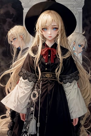 1 girl, masterpiece, cowboy shot, jigoku shoujo, blonde hair, (1girl:1.3),BREAK,very long hair,absurdres, highres, ultra detailed, infrared photography, ghostly effect,LINEART,sadness,sad_face, monochromatic,cowboy_shot,More Detail,string