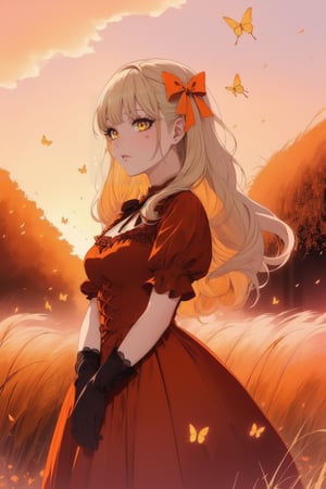 girl in lolita, (red dress:1.1), (wearing lace gloves), curly blonde hair adorned with bows, standing in a blooming cherry blossom garden, surrounded by fluttering butterflies, soft sunlight filtering through the trees orange, creating a dreamy and ethereal atmosphere analogous colors yellow, 
(analogous colors red, orange, yellow:1.3), (orange grass, sunset sky, pink flowers:1.2), 