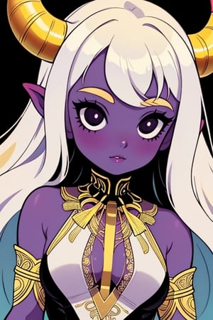 (masterpiece),,(best quality), 

(long intricate horns) ,albino girl, deep black eyes, skin reflects an almost celestial glow, highlighting her ethereal nature,  albino demon girl,goth person, upper body, 