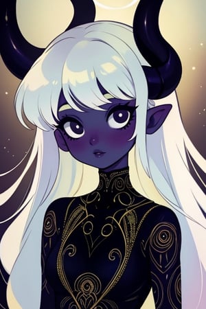 (masterpiece),,(best quality), 

(long intricate horns) ,albino girl, deep black eyes, skin reflects an almost celestial glow, highlighting her ethereal nature,  albino demon girl,goth person, upper body, 