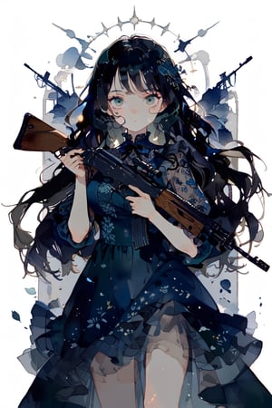 //quality
masterpiece, best quality, aesthetic, 
//Character
1girl, beautiful eyes, big eyes, (detailed eyes:1.6), green eyes, perfect eye, ...
black hair, long hair,  large breasts, 
//Fashion 
holding assault rifle, blue dress, Dresses with ruffles and detailed embroidery,
//Background 
(watercolor:0.5), simple background, 