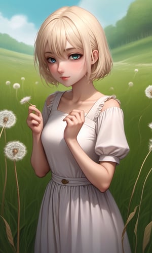 score_9, score_8_up, score_7_up, score_6_up, score_5_up, score_4_up, (source_anime),  1girl, solo, looking at viewer, blush, short hair, open mouth, blonde hair,  hair ornament,  green eyes, ass, pants, from behind, (dandelion field:1.4)

(iconic medieval),(dynamic pose, looking at viewer),more detail XL,  mystical forest and huge dandelion,