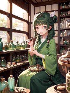 deformed Anime Style,full body,beautiful,smirk,
masterpiece, best quality, highres, 1girl hair ribbon hair ornament, hanfu green shirt wide sleeves red skirt long skirt , smirk, indoors, east asian architecture,1girl ((hair ribbon hair ornament,bun)),((Portrait)),1girl,maomao,((Dark green hair:1.4)), (20 years old:1.3)
shangfu,freckles

,

masterpiece, best quality,indoors,Wood windows,Chinese architecture,1girl,bandage,sitting, eating, grin,star eyes, (herbs:1.2), (antique white medicine bottles, medicinal jars, apothecary tools:1.4)