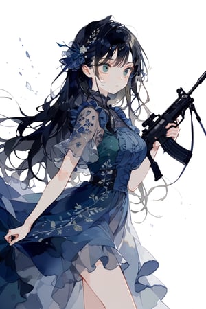 //quality
masterpiece, best quality, aesthetic, 
//Character
1girl, beautiful eyes, big eyes, deailed eyes, green eyes, 
black hair, long hair,  large breasts, 
//Fashion 
holding assault rifle, blue dress, Dresses with ruffles and detailed embroidery,
//Background 
(watercolor:0.5), simple background, 