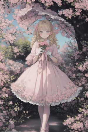 girl in lolita, dressed in a pastel pink frilly dress, wearing lace gloves yellow, holding a sunshade with intricate floral design, curly blonde hair adorned with bows, standing in a blooming cherry blossom garden, surrounded by fluttering butterflies, soft sunlight filtering through the trees, creating a dreamy and ethereal atmosphere, painted in soft watercolor strokes.,DArt
, (pastel pink:1.4), (pastel purple:1.2),(pastel red:1.2),
(analogous colors pink:1.4)