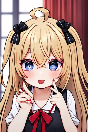 (masterpiece),,(best quality), 

(closed mouth:1.1), upper body, ahoge,  (hand up:1,1), tongue out, eyes visible through hair,  :p, black vest, akanbe, finger under the eye


1girl, solo, long hair, looking at viewer, blush, smile, open mouth, blue eyes, blonde hair, shirt, hair ornament, ribbon, hair between eyes, white shirt, upper body, short sleeves, heart, tongue, collared shirt, tongue out, twitter username, nail polish, blurry, red ribbon, window, one side up, red nails, :p, heart hair ornament