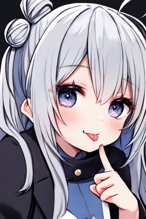 (masterpiece),,(best quality), 

(closed mouth:1.1), upper body, ahoge,  (hand up:1,1), tongue out, eyes visible through hair,  :p, akanbe, (finger under the eye:1.2)

1girl, solo, long hair, looking at viewer, blush, grey hair, tongue, hand up, tongue out, hair bun, grey eyes, single hair bun, portrait, :p, akanbe