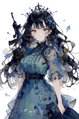 //quality
masterpiece, best quality, aesthetic, 
//Character
1girl, beautiful eyes, big eyes, (detailed eyes:1.6), green eyes, perfect eye, ...
black hair, long hair,  large breasts, 
//Fashion 
holding assault rifle, blue dress, Dresses with ruffles and detailed embroidery,
//Background 
(watercolor:0.5), simple background, 