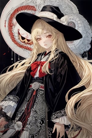 1 girl, masterpiece, cowboy shot, jigoku shoujo, blonde hair, (1girl:1.3),BREAK,very long hair,absurdres, highres, ultra detailed, infrared photography, ghostly effect,LINEART,sadness,sad_face, monochromatic,cowboy_shot,More Detail,string