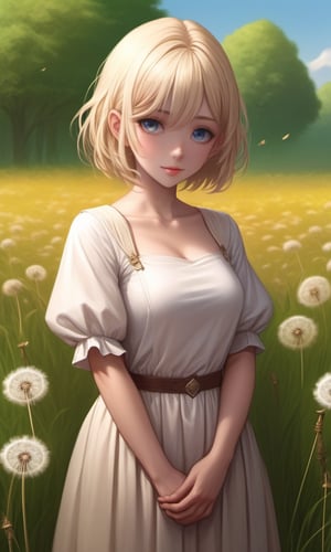 score_9, score_8_up, score_7_up, score_6_up, score_5_up, score_4_up, (source_anime),  1girl, solo, looking at viewer, blush, short hair, open mouth, blonde hair,  hair ornament,  green eyes, ass, pants, from behind, (dandelion field:1.4)

(iconic medieval),(dynamic pose, looking at viewer),more detail XL,