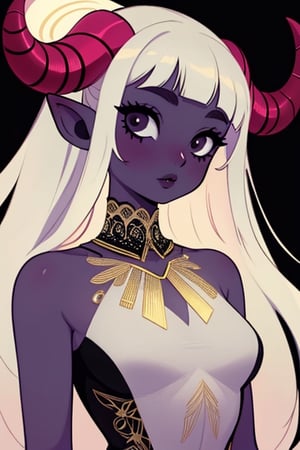 (masterpiece),,(best quality), 

(long intricate horns) ,albino girl, deep black eyes, skin reflects an almost celestial glow, highlighting her ethereal nature,  albino demon girl,goth person, upper body, chromatic