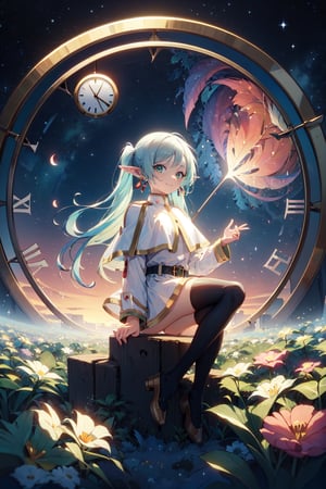 (masterpiece),best quality,highres,stunning art,beautifully painted,colorful,(rim light:1.2),4K wallpapper,fantasy,(panorama),(huge circular flowing round_ramed_clock background),through space,(huge circular flowing transparent hollow round_ramed_clock  on top:1.3),complete round_ramed_clock,(((circular surround floating cityscape landscape))),solo,1girl,slim,sitting_invisible_chair,gentle smile,(black thighhighs),long black hair,blunt bangs, green eyes,(khaki fedora), khaki coat,long light-green dress, light-greenshoes,space background,starry_sky,galaxy,red moon,DonMF41ryW1ng5,frieren,

pointy ears,twintails,green eyes,outdoors,long hair,jewelry,earrings,long sleeves,looking at viewer,belt,parted bangs,elf,bangs,capelet,closed mouth,striped,dress,white hair,white dress,standing, ((white capelet)), shirt,(blue flowers blue background:1.2),ingling, green eyes,