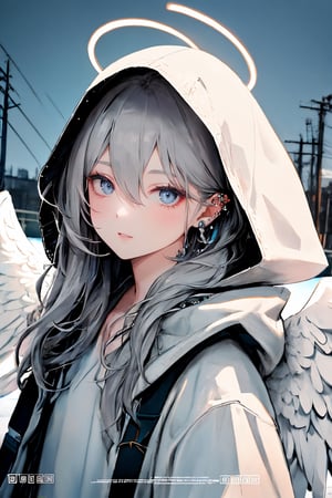 (masterpiece),,(best quality), High detailed ,masterpiece, 

1girl, solo, long hair, looking at viewer, hair between eyes, jewelry, closed mouth, jacket, upper body, grey hair, earrings, outdoors, wings, hood, english text, grey eyes, halo, piercing, hood down, ear piercing, feathered wings, hooded jacket, angel wings, white wings, angel, power lines
